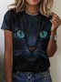 Women's Blue Cat Funny Art Print Casual Loose Crew Neck Cat T-Shirt