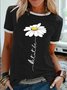 Small Daisy Sun Flower Casual Text Letters Cotton-Blend Crew Neck T-Shirt