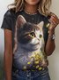 Women’s Cat And Floral Pattern Cotton-Blend Crew Neck Animal Casual T-Shirt