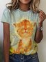 Women’s Cat And Plant Pattern Casual Loose Crew Neck T-Shirt