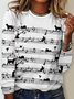 Women's Funny Cat Crew Neck Floral Simple Regular Fit Long sleeve Shirt