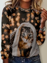 Women's Art Print Cat Regular Fit Casual Crew Neck Shirt