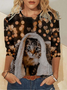 Women's Art Print Cat Regular Fit Casual Crew Neck Shirt