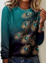 Women's Art Feather Pattern Printing Crew Neck Casual Shirt