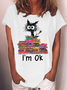 Women's Cats I'm Ok Funny Books Reading Love Cats Casual Crew Neck T-Shirt