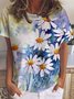 Women's Watercolor Flower Daisy Print Casual Crew Neck T-Shirt