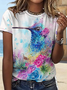 Women‘s Simple Crew Neck Color Block Cute Bird T-Shirt