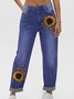 Womens Sunflower Butterfly Casual Printed Jeans