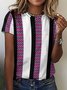 Women's Geometric Striped Black and Pink Casual T-Shirt