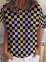 Women's Checkerboard Grid Crew Neck Casual T-Shirt