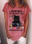 Women's Remember My Sewing Time Is For Everyone'S Safety Funny Cat Graphic Printing Loose Casual Text Letters Crew Neck T-Shirt
