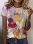 Women's Watercolor Floral Crew Neck Casual Cotton T-Shirt