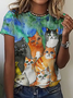 Women's Cute Cat Simple Crew Neck Color Block T-Shirt