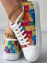 Multicolor Art Printed Fringe Hem Lace-Up Canvas Shoes