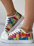 Multicolor Art Printed Fringe Hem Lace-Up Canvas Shoes