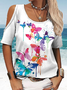 Women's Butterfly Cotton-Blend Loose Casual Solid Drop Shoulder T-Shirt
