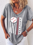 Women's Funny Baseball American Flag Simple V Neck T-Shirt
