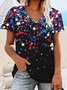 Women's Red White Blue Star Print V Neck Text Letters Casual T-Shirt