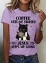 Women's Coffee Gets Me Started Jesus Keeps Me Going Black Cat Crew Neck Casual T-Shirt
