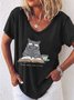 Women's Read More Worry Less Cute Cat Print Casual V Neck T-Shirt
