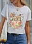 Women's Funny Cat Lover Flower Graphic Printing Crew Neck Casual Cat Loose T-Shirt