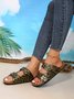 Womens Leopard Flat Sandals with Cork Footbed Open Toe Slides Adjustable Slip On Slippers for Summer