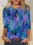 Women's Simple Regular Fit Blue Floral Crew Neck Shirt