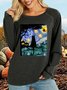 Women's Scary Night Cat Van Gogh Halloween Print Casual Letters Crew Neck Sweatshirt