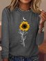 Women's Sunflower Moon Print Crew Neck Text Letters Shirt