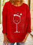 Women's Cotton-Blend Christmas Wine Casual Crew Neck Sweatshirt