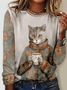 Funny Cat Casual Color Block Regular Fit Crew Neck Long Sleeve Shirt