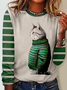 Striped Cat Casual Crew Neck Long Sleeve Shirt