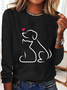Funny Dog And Cat Heart Simple Cotton-Blend Long Sleeve Shirt