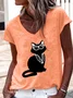 Iris Apfel Fancy Cat V Neck Casual Cotton-Blend T-Shirt