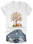 V-neck Retro Easter Egg Tree Cats Print T-Shirt