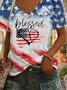 Loose Casual Text Letters V Neck T-Shirt independence Day