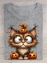 Halloween Cat Clipart with Pumpkin Hat and Big Eyes Cotton T-Shirt