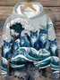 Women's Blue Waves & Cats Print Hoodie