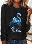 Pearl Necklace Canvas Shoes Blue Flamingo Print Casual Long Sleeve Shirt