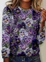 Crew Neck Purple Floral Long Sleeve Shirt