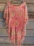 Women's Vintage Floral Totem Print Punk Hippie Batwing Tussle Fringes Poncho T-Shirt