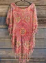 Women's Vintage Floral Totem Print Punk Hippie Batwing Tussle Fringes Poncho T-Shirt