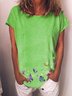 Butterfly Printed Casual O-Neck Cotton Short Sleeve Green Shirt Top