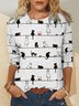 Women Funny Cat Animal Round Neck Shirt Long sleeve Top
