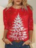 Women's White Christmas Tree On Red Casual Crew Neck Long Sleeve T-shirt