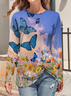 Butterfly Floral Print Vintage Knotted Tie Button-Side tops