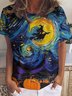 Women Funny Painting Witch Pumpkin Starry Night Loose Simple Halloween T-Shirt