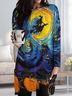 Women Funny Painting Witch Pumpkin Starry Night Casual Halloween Dresses