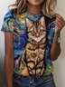 Women Cat Star Night Pattern Casual Loose T-Shirt
