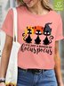 Women Black Cat Witch Halloween Waterproof Oilproof And Stainproof Fabric Casual T-Shirt